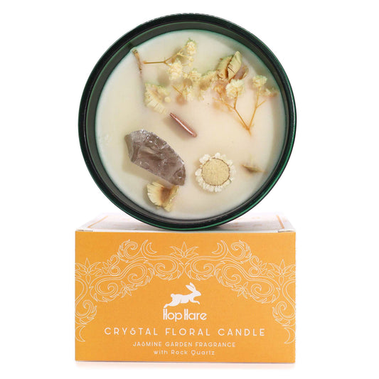Hop Hare Magical Flower Candle with Tarot Card - Jasmine Garden Scent, featuring dried flowers and a Rock Quartz crystal, perfect as a Christmas gift home fragrance.