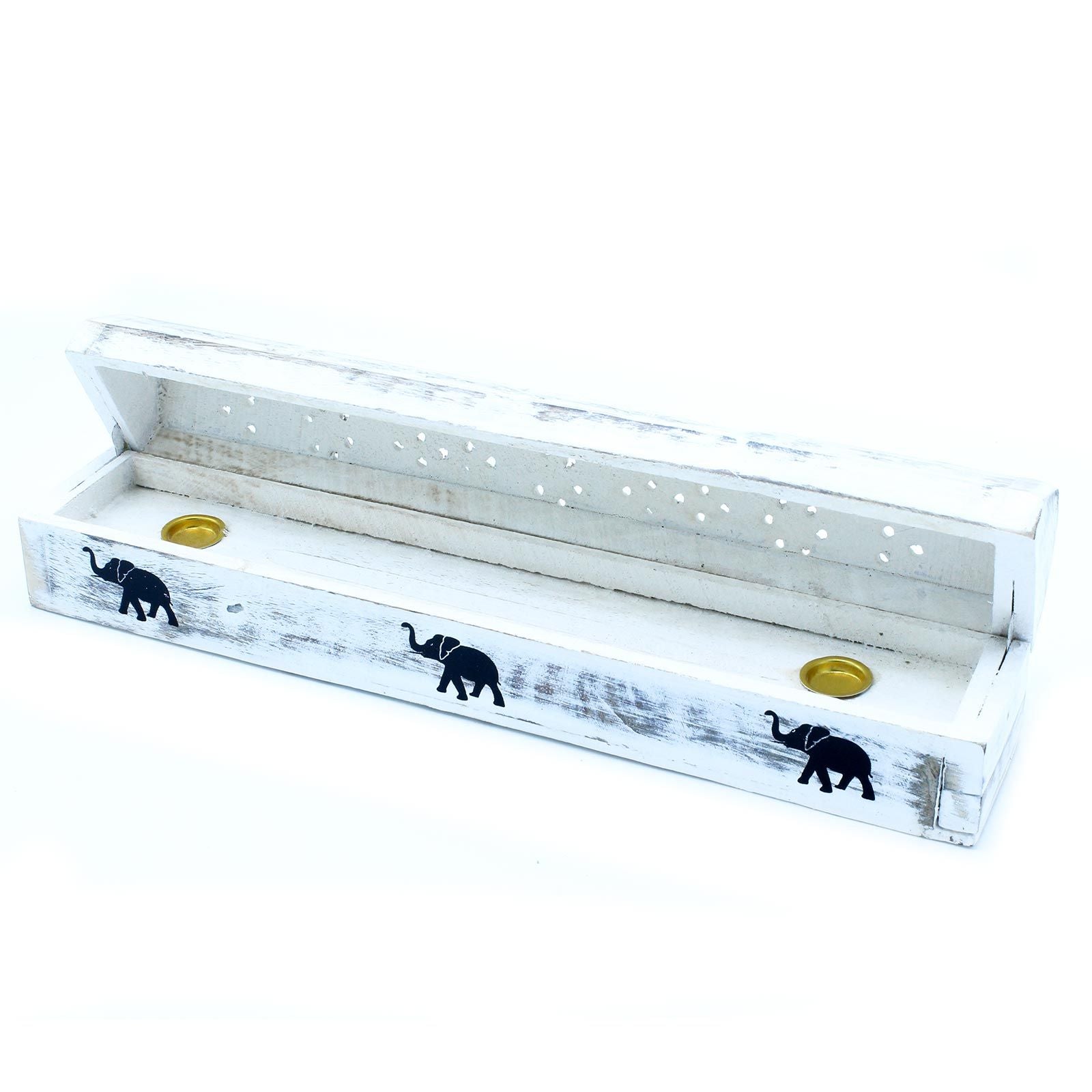 White Washed Incense Holder – Elegant Smoke Box for Relaxation, showcasing intricate elephant designs and a stylish white wash finish. Ideal as a Christmas gift for home fragrance enthusiasts.