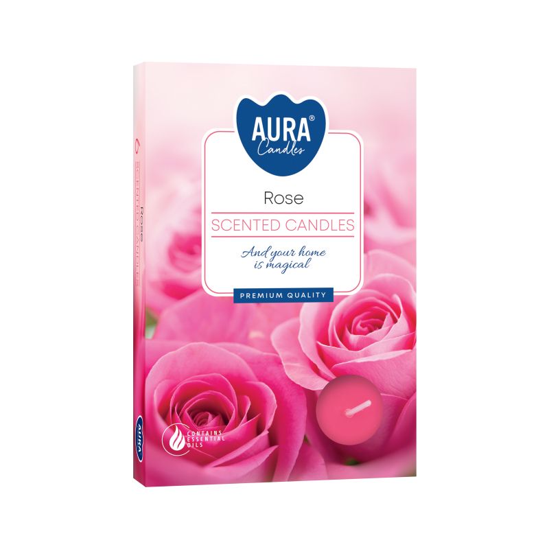 Set of 6 Rose Scented Tealights beautifully packaged for home décor, showcasing a romantic rose design on the box – Christmas Gift Home Fragrance