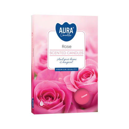 Set of 6 Rose Scented Tealights beautifully packaged for home décor, showcasing a romantic rose design on the box – Christmas Gift Home Fragrance