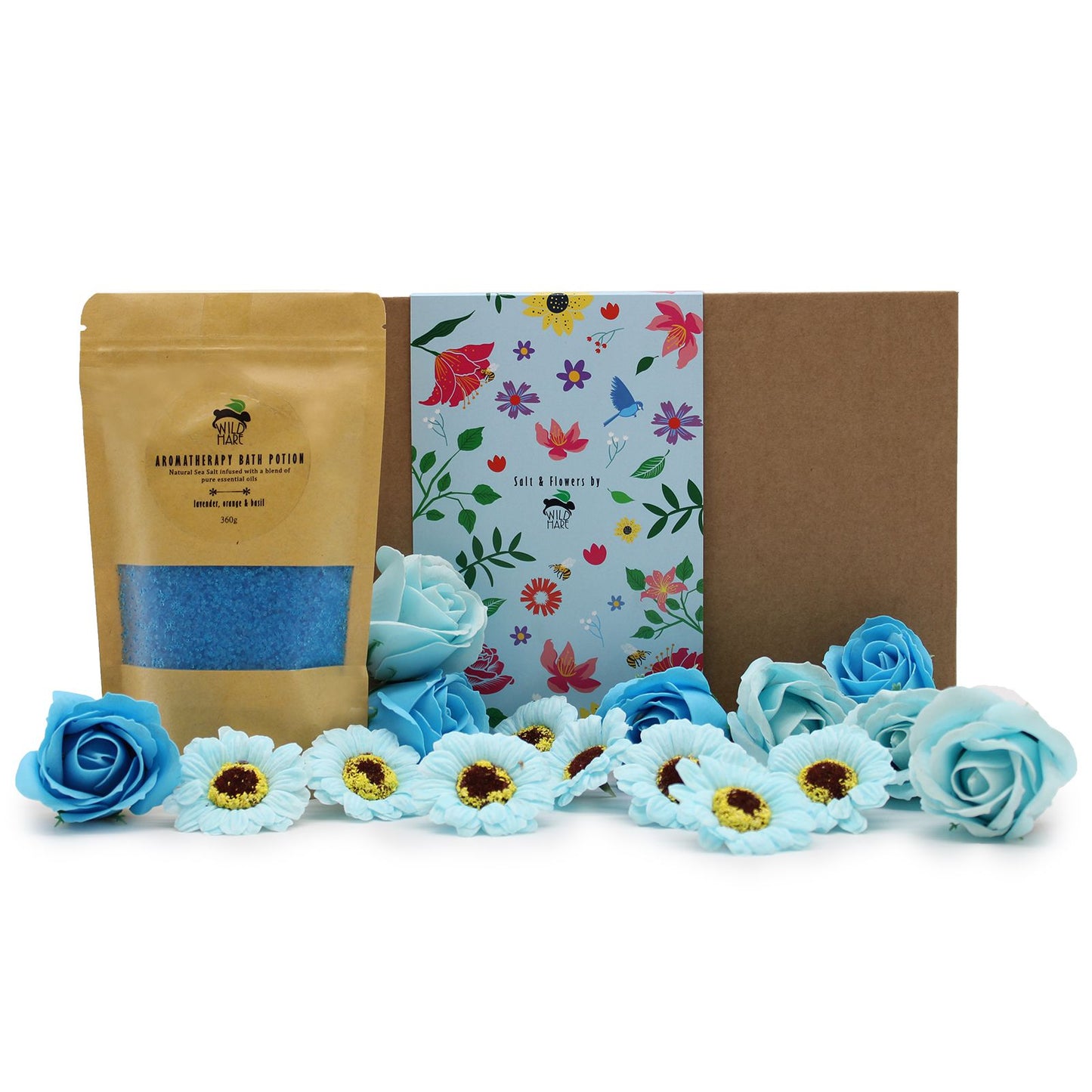 Total Unwind Spa Set - Lavender Bath Salt & Soap Flowers showcasing a luxurious gift box alongside lavender bath salt and charming blue soap flowers. A delightful choice for a Christmas gift home fragrance.