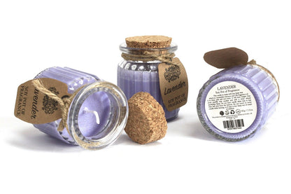 Various Lavender Soy Candles in glass jars featuring cork lids, showcasing the rich aroma ideal for a Christmas Gift Home Fragrance.
