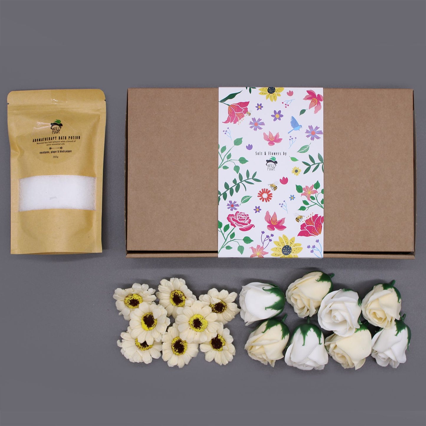 Eucalyptus Cold & Flu Bath Salt Set featuring aromatic bath salt and decorative soap flowers, ideal for a spa experience gift. Perfect {{scent}} {{product_type}} – Christmas Gift Home Fragrance.