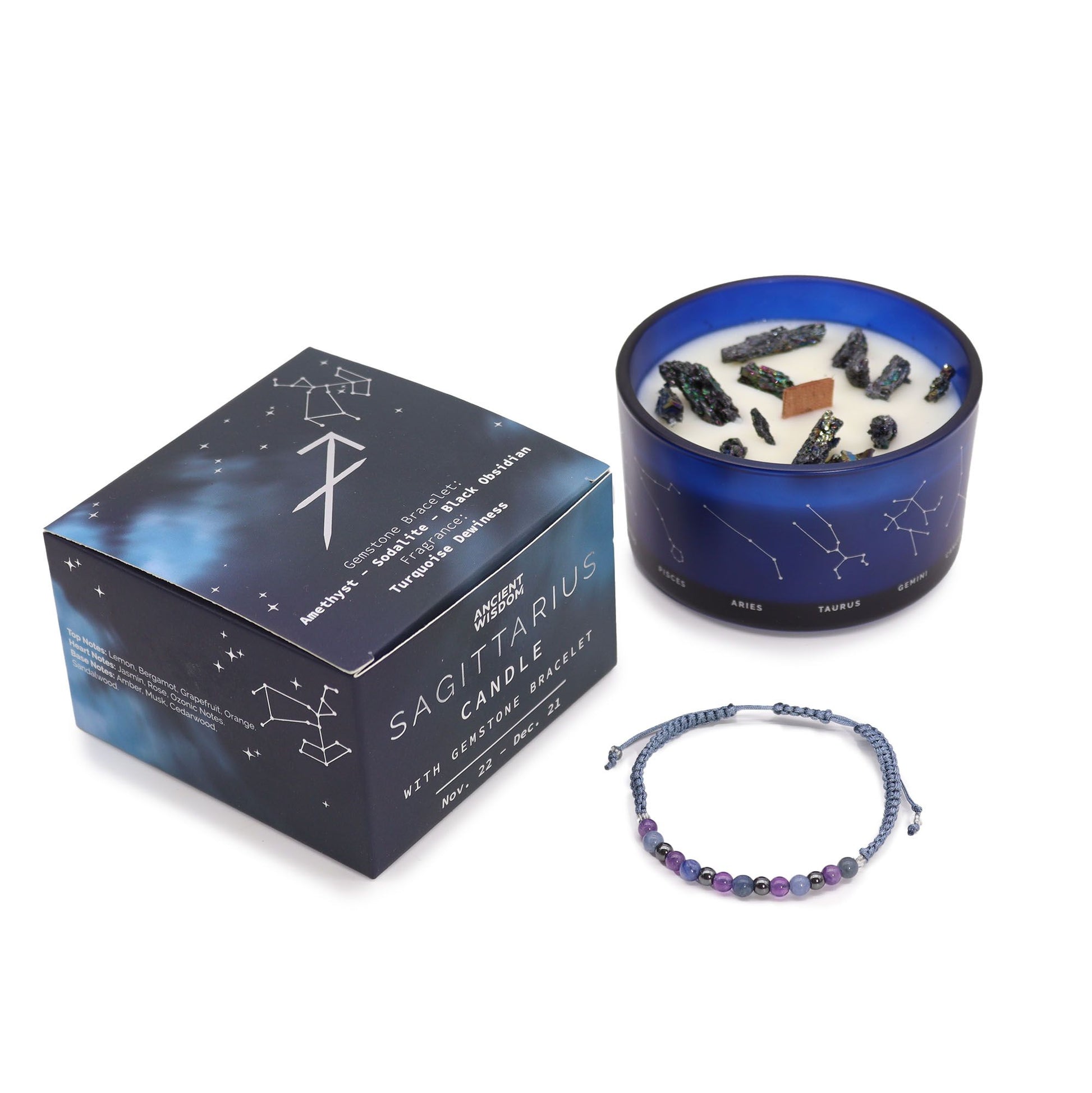 Zodiac Crystal Candle with Gemstone Bracelet - Sagittarius, adorned with sparkling gemstones, ideal for adding a festive touch as a Christmas Gift Home Fragrance.
