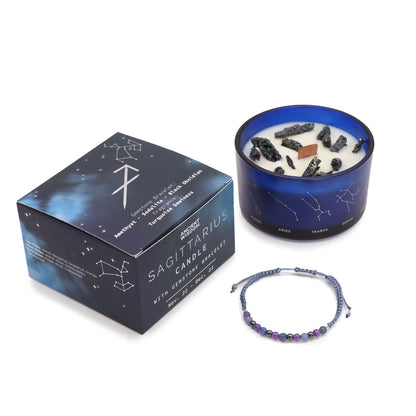 Zodiac Crystal Candle with Gemstone Bracelet - Sagittarius, adorned with sparkling gemstones, ideal for adding a festive touch as a Christmas Gift Home Fragrance.