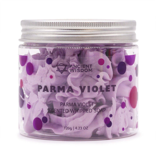 Parma Violet Whipped Soap 120g â€“ Luxurious Vegan Bath Indulgence presented in a clear jar, showcasing its pastel purple whipped texture. This delightful {{scent}} {{product_type}} is perfect for a Christmas gift, adding a charming touch to your home fragrance collection.