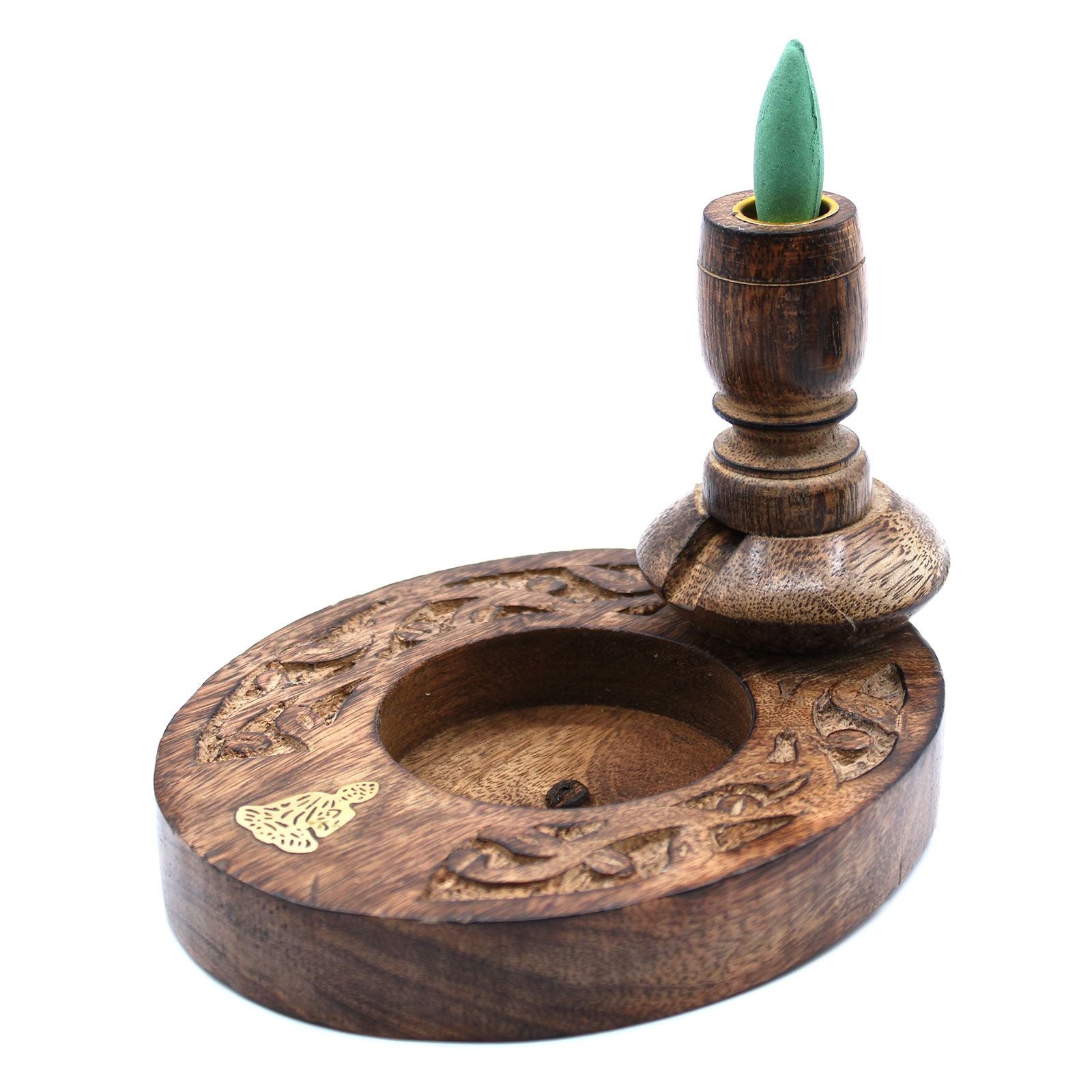 Profile of the Sm Mango Wood Backflow Burner - Brass Buddha, highlighting its artistic design and craftsmanship, making it a charming addition to your home decor. Ideal for Christmas Gift Home Fragrance.