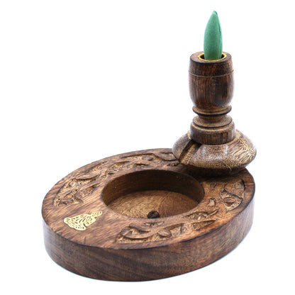 Profile of the Sm Mango Wood Backflow Burner - Brass Buddha, highlighting its artistic design and craftsmanship, making it a charming addition to your home decor. Ideal for Christmas Gift Home Fragrance.