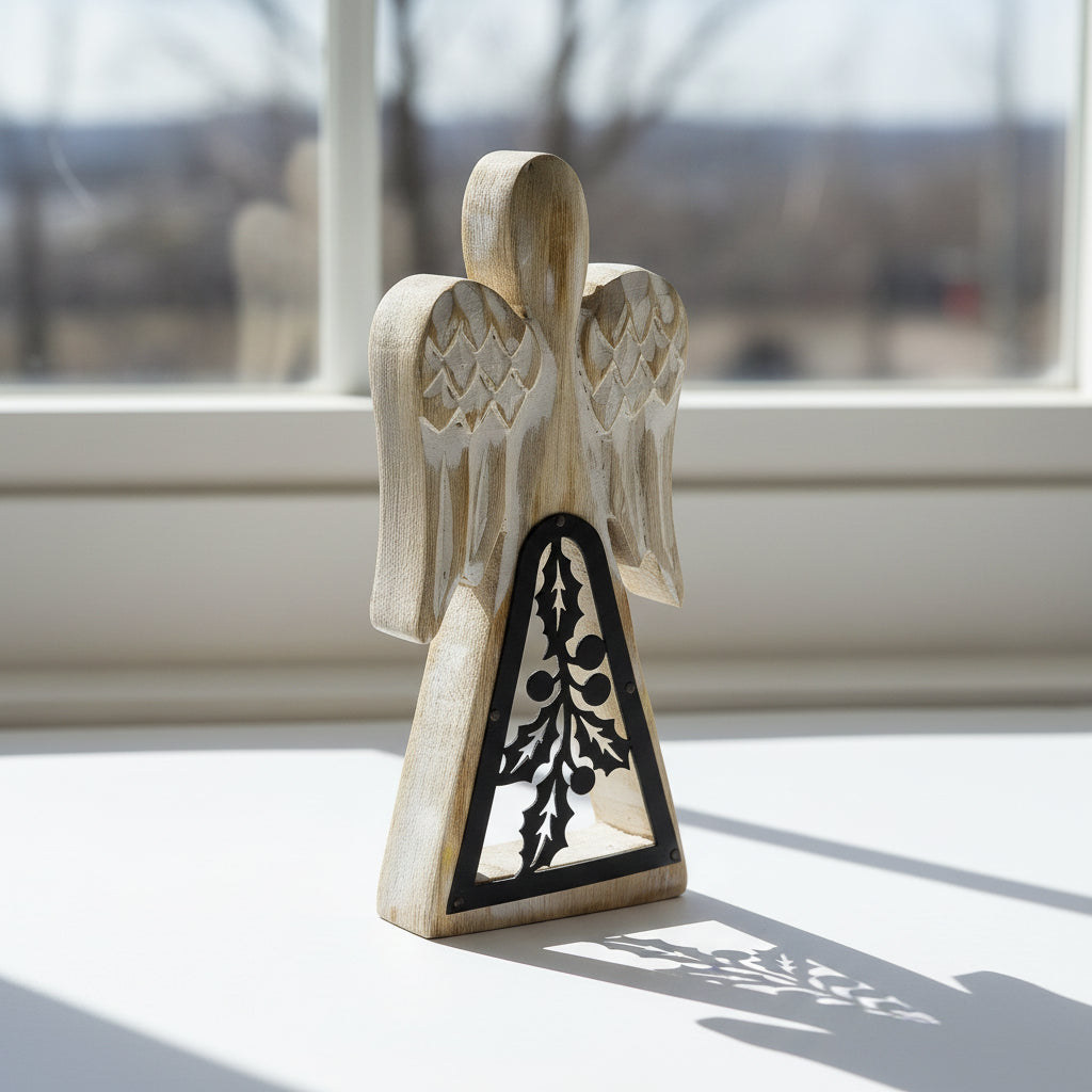Whitewashed Mango Wood Angel With Iron Cut-Out – 18cm Christmas Decor, showcasing a side view of the elegant angel with detailed wings and contrasting iron cut-out, perfect for adding charm to your holiday displays as a Christmas Gift Home Fragrance.