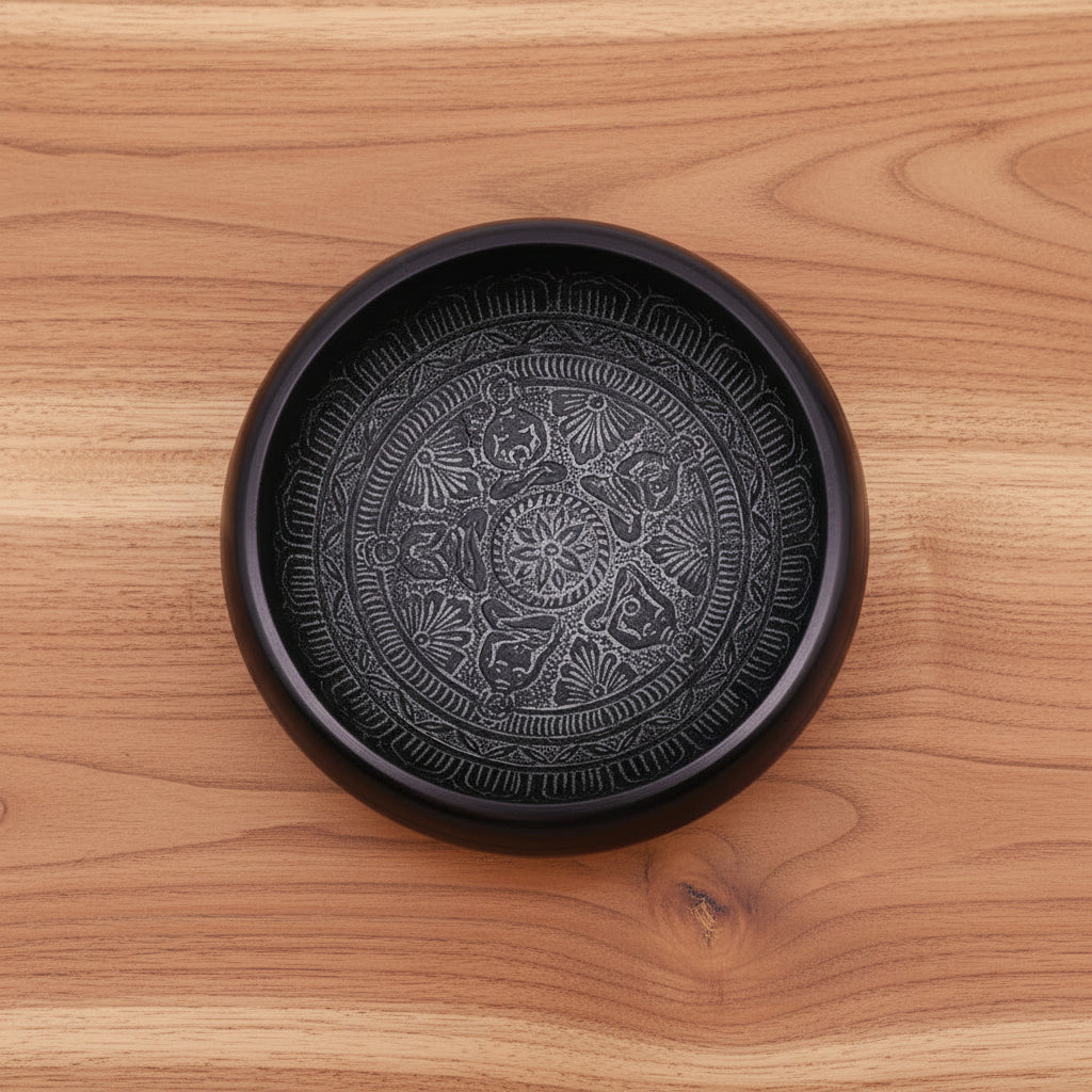 Interior view of the Handmade 16cm Earth Powder Singing Bowl - Om Five Buddha Design showcasing detailed patterns. This exquisite bowl enhances meditation and serves as a beautiful Christmas gift for home fragrance enthusiasts.