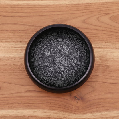 Interior view of the Handmade 16cm Earth Powder Singing Bowl - Om Five Buddha Design showcasing detailed patterns. This exquisite bowl enhances meditation and serves as a beautiful Christmas gift for home fragrance enthusiasts.