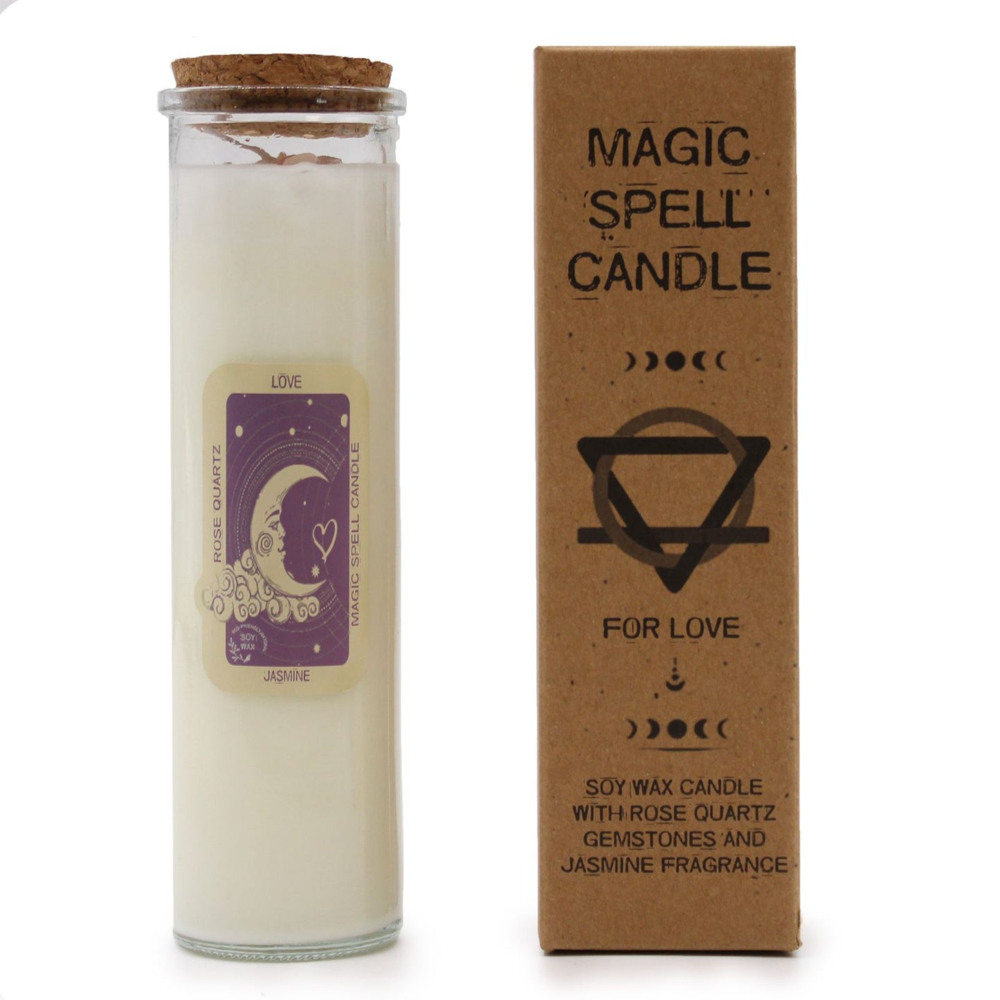 Love Spell Candle featuring Rose Quartz gemstones and Jasmine fragrance, beautifully packaged with a cardboard box. This {{scent}} {{product_type}} is a perfect Christmas Gift for those who want to spread love and magic in their home.
