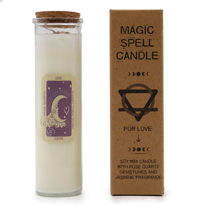 Love Spell Candle featuring Rose Quartz gemstones and Jasmine fragrance, beautifully packaged with a cardboard box. This {{scent}} {{product_type}} is a perfect Christmas Gift for those who want to spread love and magic in their home.