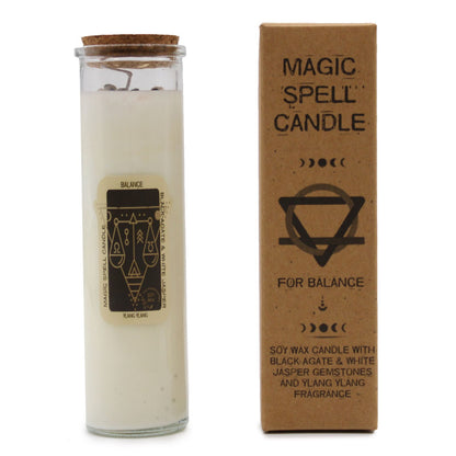 Magic Balance Soy Wax Candle with Black Agate & White Jasper alongside its stylish packaging. A serene scented candle perfect as a Christmas gift home fragrance.