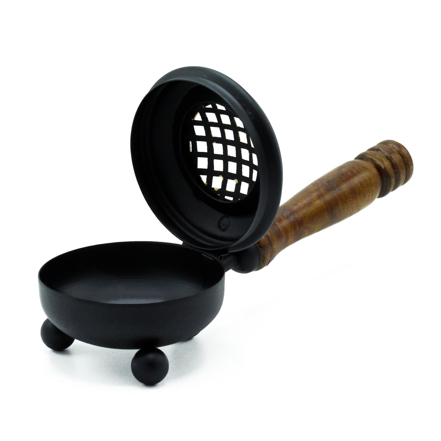 Rustic Cast Iron Incense Burner With Wooden Handle – Gold Accents, featuring an open lid that highlights its spacious base for incense. A perfect addition for a delightful home scent experience, suitable as a Christmas Gift Home Fragrance.