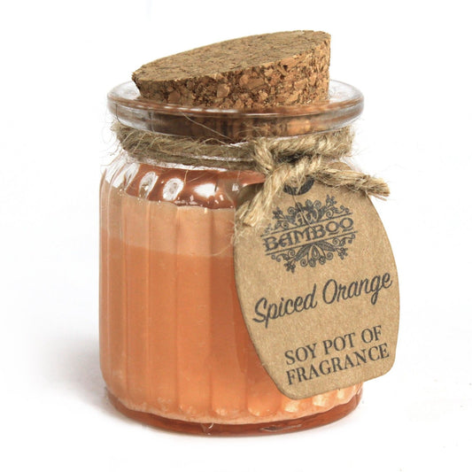Spiced Orange Soy Candle Pot â€“ Eco-Friendly 20Hr Burn in a glass jar with cork lid, perfect for adding a festive touch as a Christmas gift home fragrance.