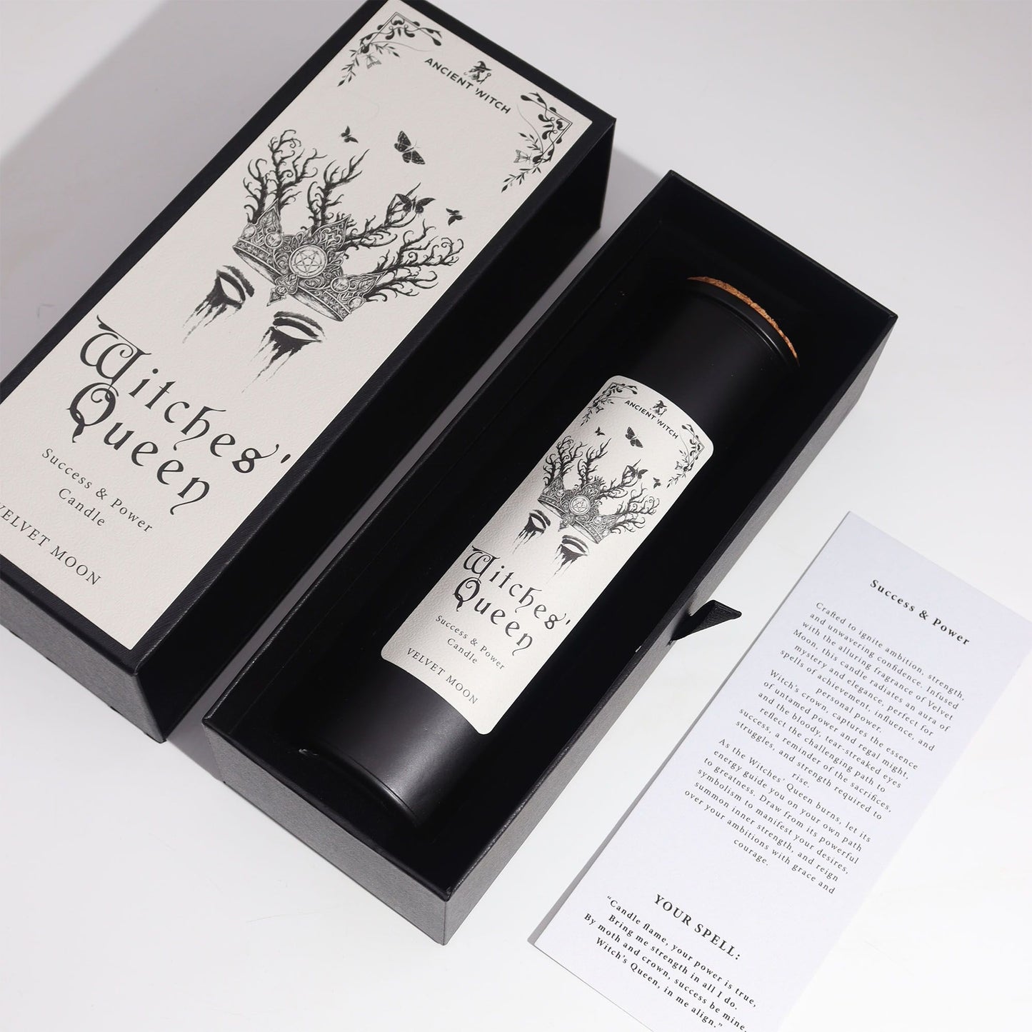Witches' Queen Candle in a luxurious gift box alongside a spell card, perfect for lighting with the Velvet Moon scent – Christmas Gift Home Fragrance
