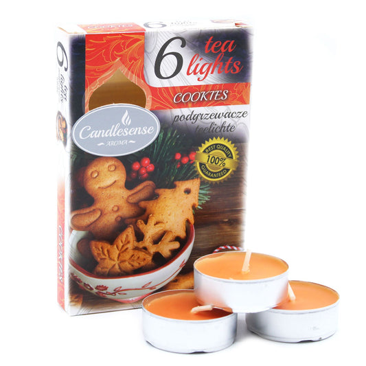 Set of 6 Scented Tealights - Indulge in Delicious Cookie Aroma, featuring a charming box with festive cookie designs. Perfect for creating a warm atmosphere, ideal as a {{scent}} {{product_type}} â€“ Christmas Gift Home Fragrance.