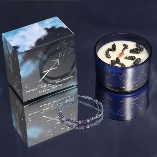 Zodiac Crystal Candle with Gemstone Bracelet - Sagittarius, featuring the fresh fragrance of Turquoise Dewiness, perfect as a Christmas Gift Home Fragrance.