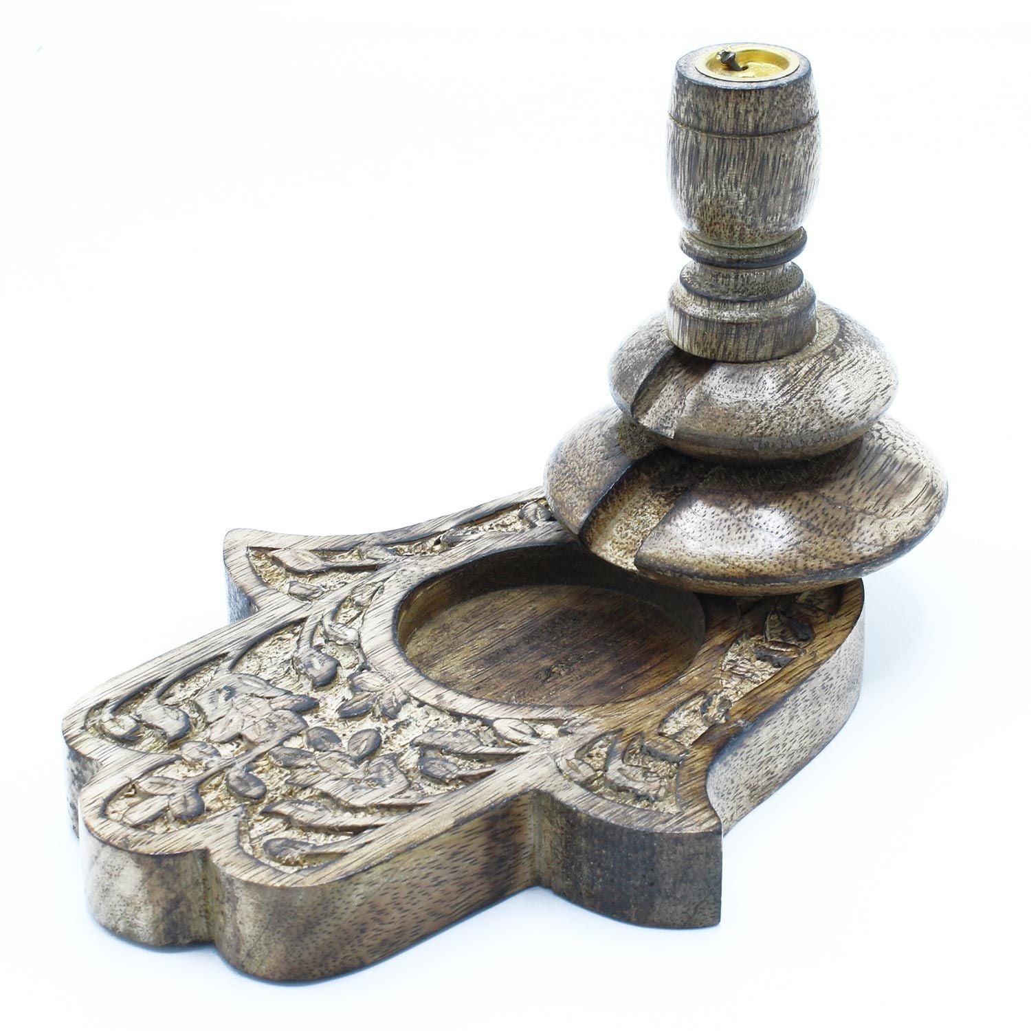 Stunning Med Mango Wood Backflow Burner - Hamsa, showcasing intricate carvings in sustainable wood. Perfect for creating an inviting home ambiance, this unique incense burner makes an ideal Christmas gift for lovers of home fragrance.