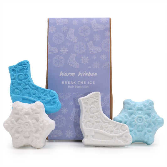 Break the Ice Christmas Bath Bomb Gift Pack featuring ice skate and snowflake bath bombs, perfect for festive home fragrance and relaxation.