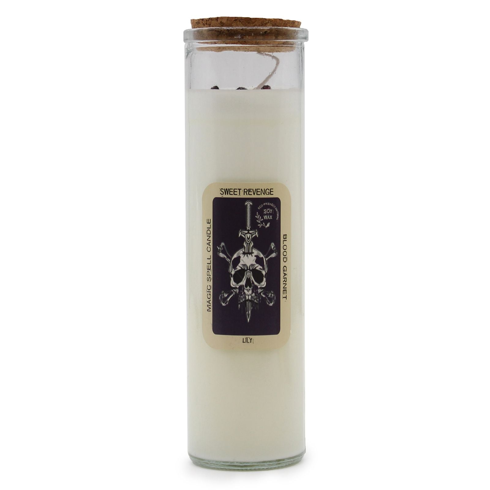 The Blood Garnet & Lily Soy Wax Candle with gemstone infusion, showcasing a chic design and cork lid, ideal for creating a warm ambiance. Perfect as a Christmas gift for home fragrance lovers.