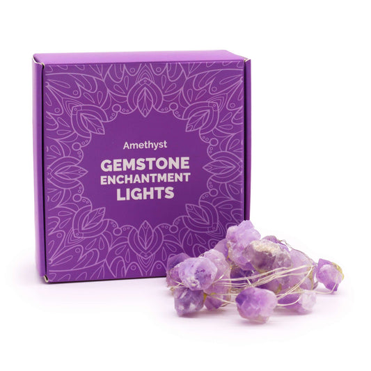 Amethyst Gemstone Enchantment LED String Lights in packaging, showcasing 20 warm glow crystals, perfect for creating a soothing atmosphere. Ideal as a Christmas gift or home decor.