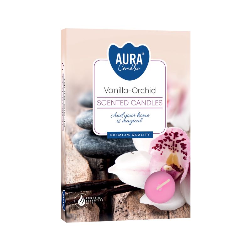 6 Scented Tealights - Vanilla & Orchid Aromas in elegant packaging showcasing the tealights alongside soothing stones and an orchid. Perfect for creating a warm festive glow, this {{scent}} {{product_type}} is an ideal Christmas gift home fragrance.