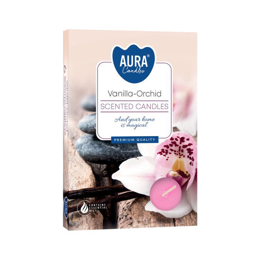 6 Scented Tealights - Vanilla & Orchid Aromas in elegant packaging showcasing the tealights alongside soothing stones and an orchid. Perfect for creating a warm festive glow, this {{scent}} {{product_type}} is an ideal Christmas gift home fragrance.