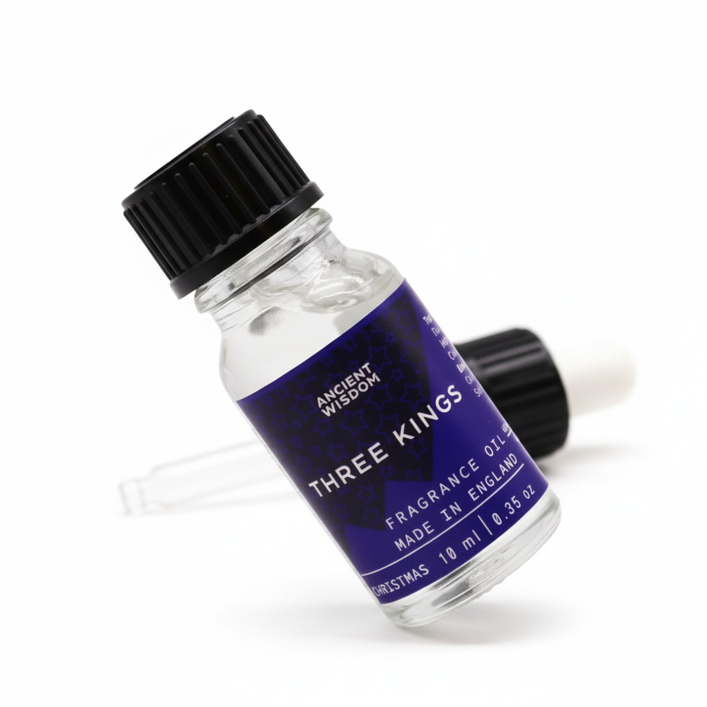 Close-up of Three Kings Fragrance Oil 10ml, highlighting its rich and delightful aroma ideal for DIY candle making and soap.