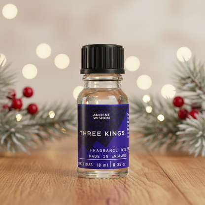 Three Kings Fragrance Oil 10ml, elegantly displayed, illustrating its powerful lingering scent that elevates any space.