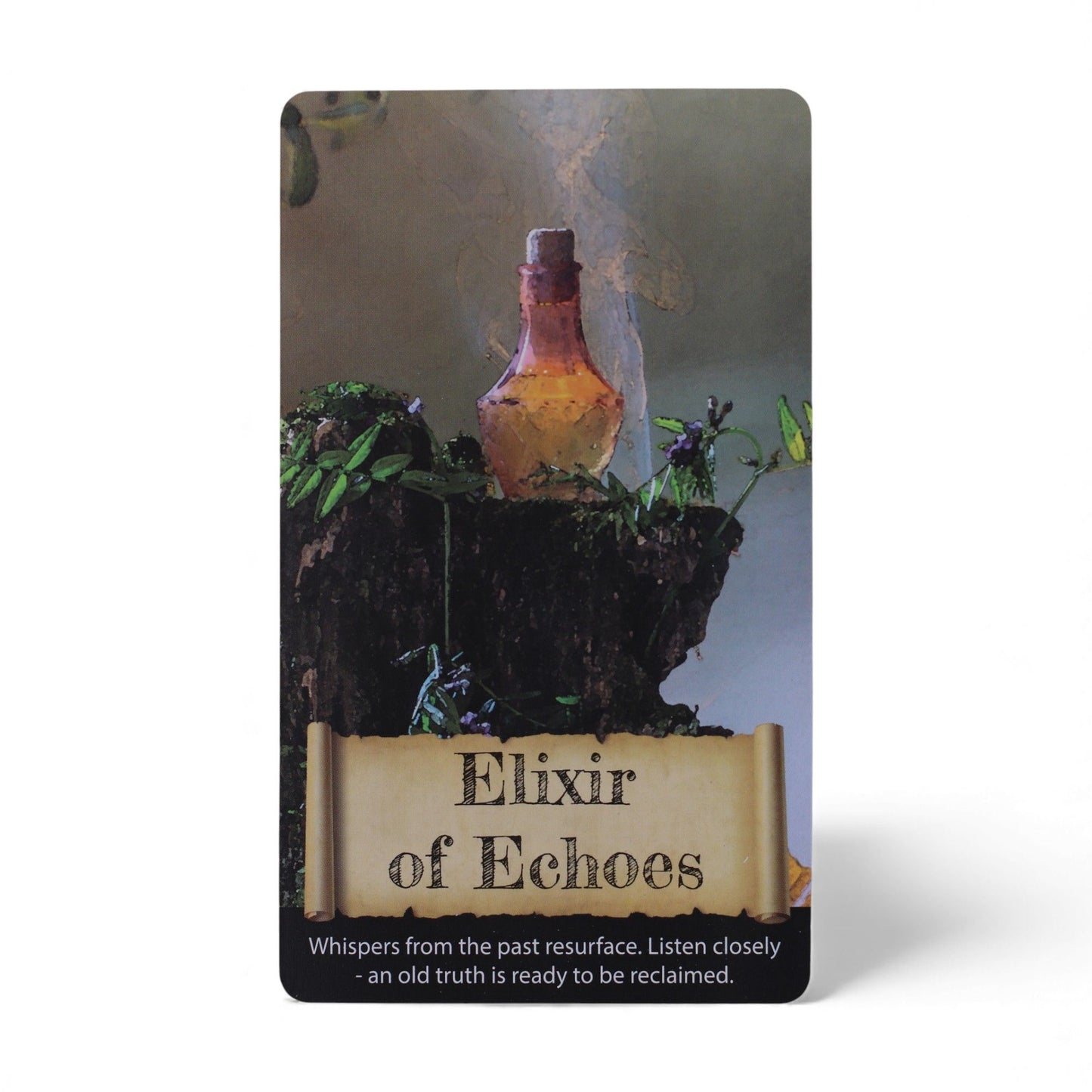 Elixir of Echoes card from the Crystals & Elixirs Oracle Cards deck, depicting a vintage potion bottle amidst nature, embodying the theme of revisiting old truths. A delightful {{scent}} {{product_type}} – Christmas Gift Home Fragrance.
