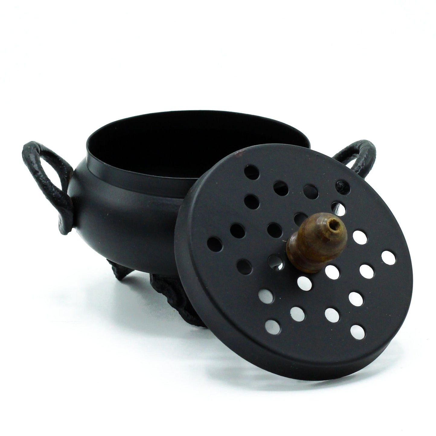 Open view of the Mystical Cast Iron Cauldron Incense Burner showcasing its intricate lid with ventilation holes and beautiful wooden knob. A versatile item for burning incense, resins, and herbs, it makes a charming Christmas gift for those who appreciate unique home fragrance.
