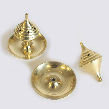 Components of the Small Brass Incense Burner - Elegant Design for Meditation, including the domed lid and dish. Perfect for burning incense sticks and cones, this burner is an excellent choice for anyone looking for a stylish Christmas gift that enhances home fragrance.