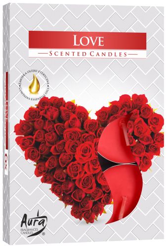 Set of 6 Love Scented Tealights displayed against a backdrop of lush red roses, embodying charm and elegance – Christmas Gift Home Fragrance.