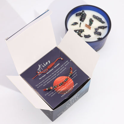Zodiac Crystal Candle with Gemstone Bracelet - Aries presented inside its open box, revealing the bracelet and candle. The alluring scent of Clear Quartz Freshness adds to its charm, making it a lovely home addition or gift. An excellent selection for Christmas Gift Home Fragrance.