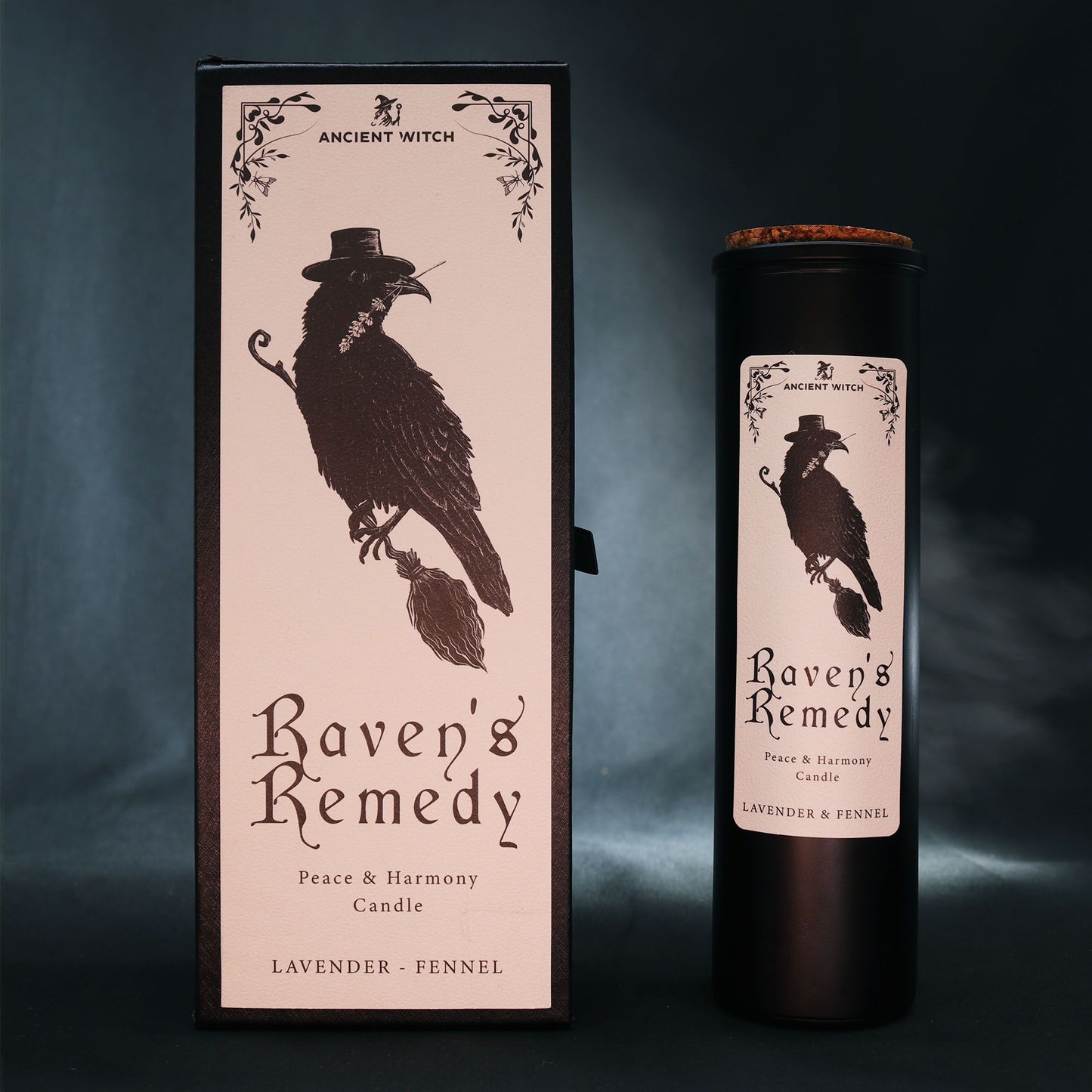 Lavender & Fennel Ritual Candle prominently featured with its elegant Raven's Remedy box, showcasing its calming properties. Perfectly suited as a Christmas gift home fragrance.