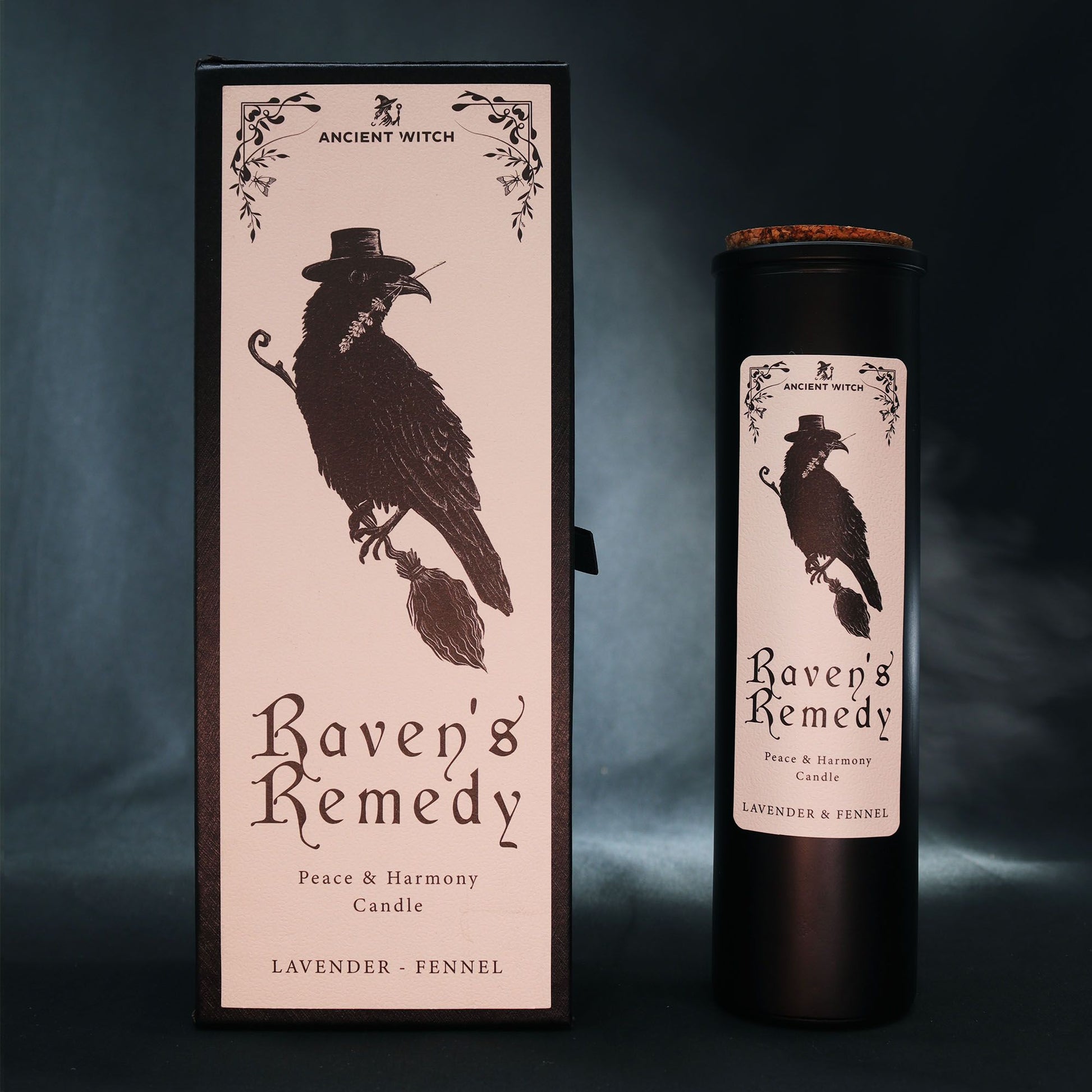 Lavender & Fennel Ritual Candle prominently featured with its elegant Raven's Remedy box, showcasing its calming properties. Perfectly suited as a Christmas gift home fragrance.