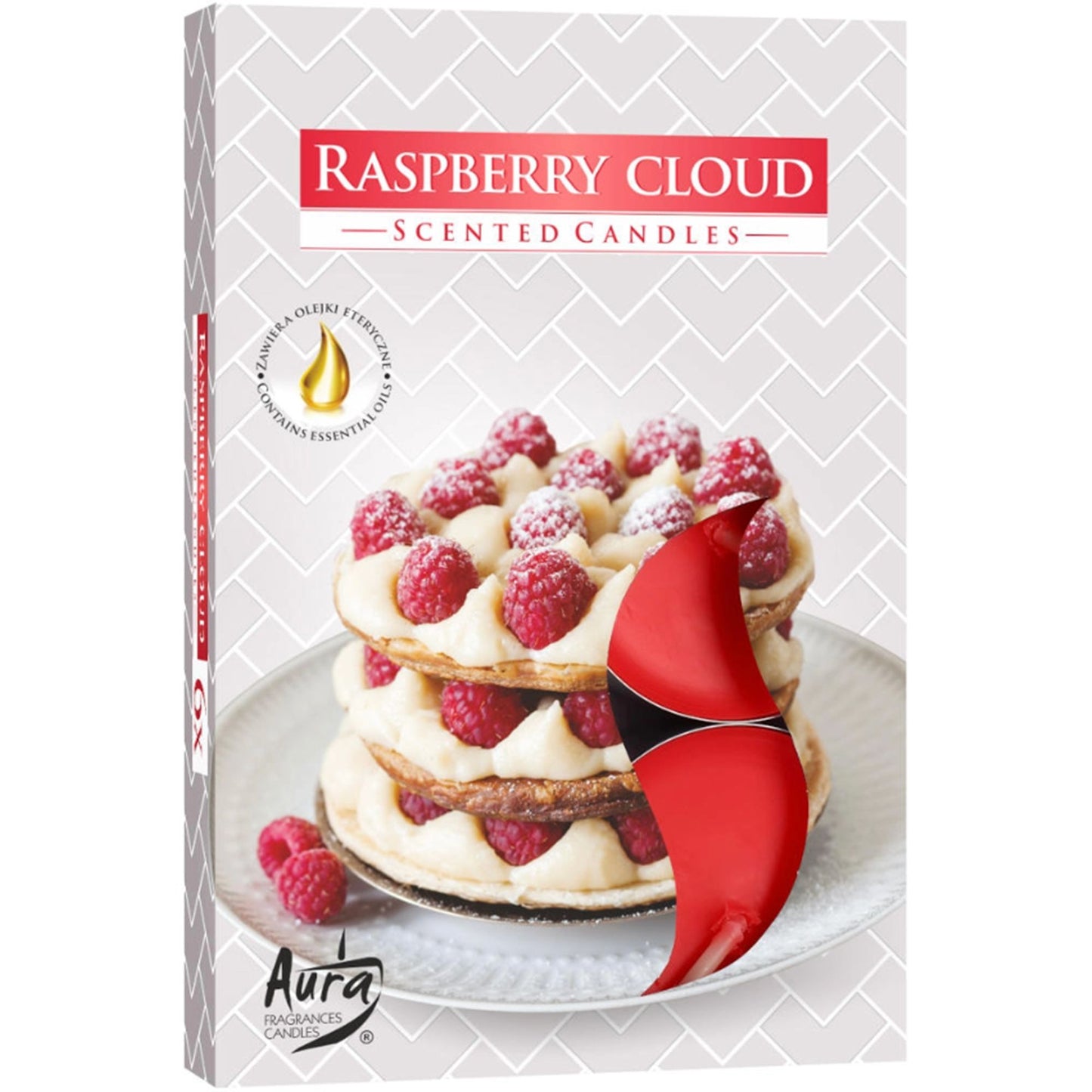 Set of 6 Raspberry Cloud Scented Tealights – Christmas Gift Home Fragrance; showcasing a beautiful packaging with raspberry desserts, ideal for adding a sweet touch to your home ambiance.