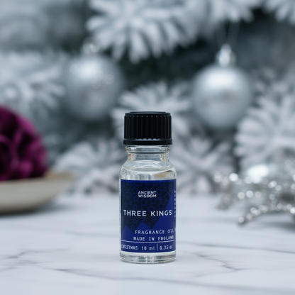 Three Kings Fragrance Oil 10ml as part of a gift set, perfect for a Christmas present or pamper night, enhancing daily life with its uplifting aroma.