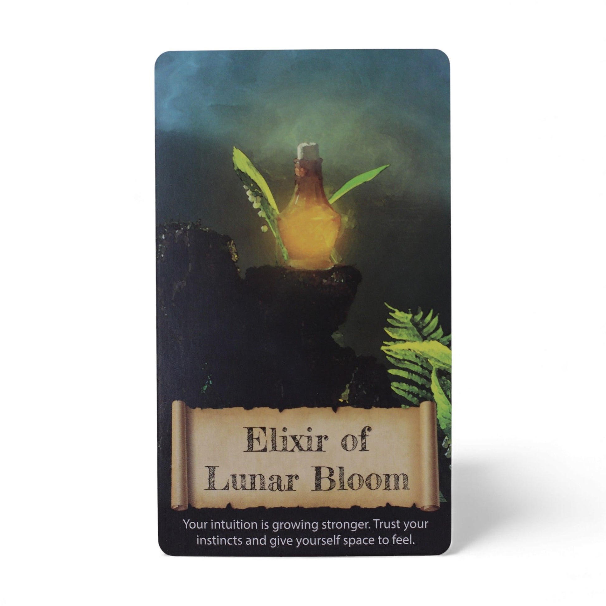 Elixir of Lunar Bloom card from the Crystals & Elixirs Oracle Cards deck, illustrating a glowing potion bottle amongst foliage, encouraging intuition and self-trust. A charming {{scent}} {{product_type}} – Christmas Gift Home Fragrance.