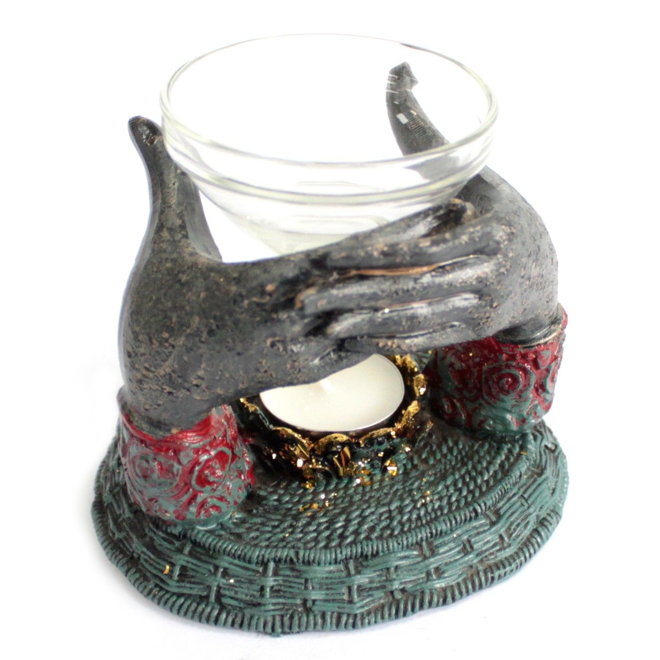 Antique Buddha Oil Burner showcasing exquisite craftsmanship with hands holding a glass dish. Perfect for creating serene scents in your home, this unique scent oil burner enhances your relaxation space. Ideal as a Christmas gift for a delightful home fragrance.