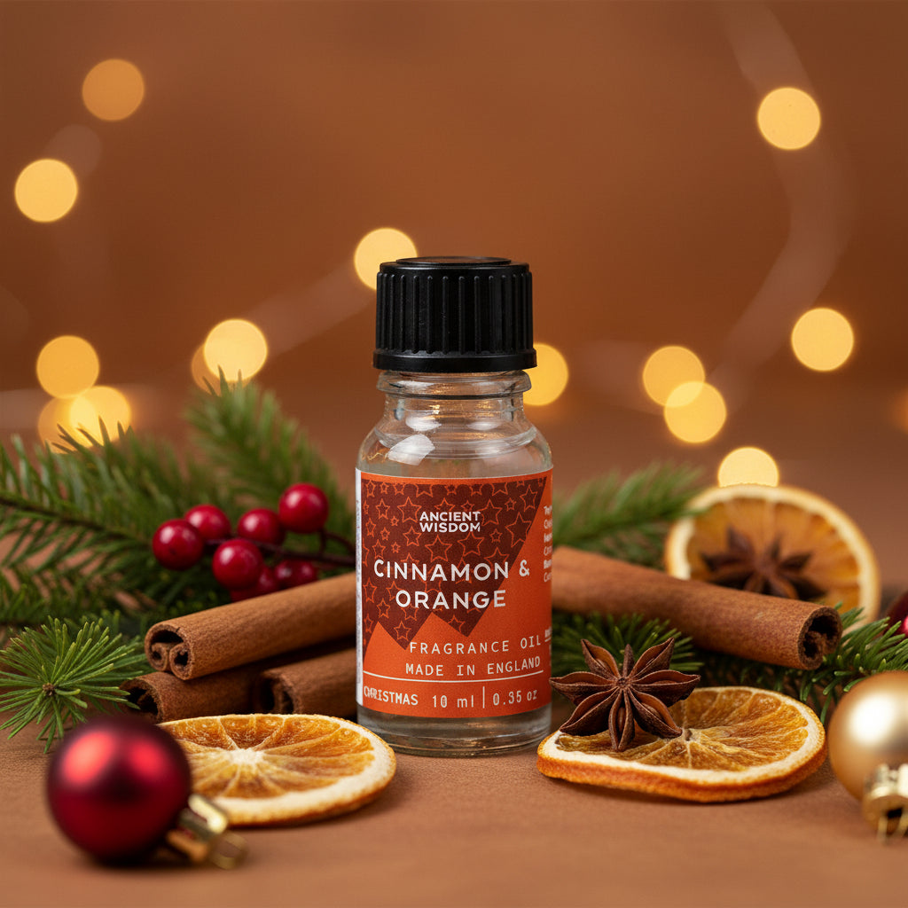 10ml Xmas Cinnamon & Orange Fragrance Oil presented against a warm backdrop, making it an excellent choice for a festive fragrance this holiday season. A great option for a pamper pack, it brings the essence of winter spice into your home with its inviting scent.