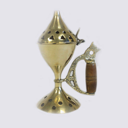 Elegant Brass Cone Incense Burner with Carved Handle â€“ a beautifully crafted incense burner featuring a unique design and wooden grip, perfect for adding charm to your home fragrance. Ideal as a Christmas gift for incense lovers.