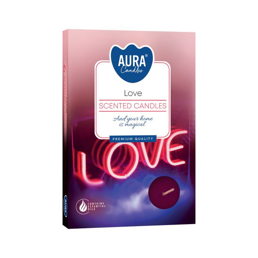 Set of 6 Love Scented Tealights beautifully packaged, featuring a vibrant neon 'Love' sign, perfect ambiance candles for creating a romantic atmosphere â€“ Christmas Gift Home Fragrance.