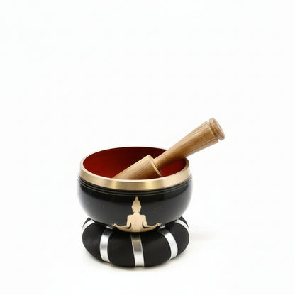 Buddha Singing Bowl Set – Black/Orange 10.7cm for Meditation, showcasing the bowl alongside a stylish black velvet pouch and mallet, perfect for mindfulness practice. An excellent Christmas gift to foster relaxation at home.