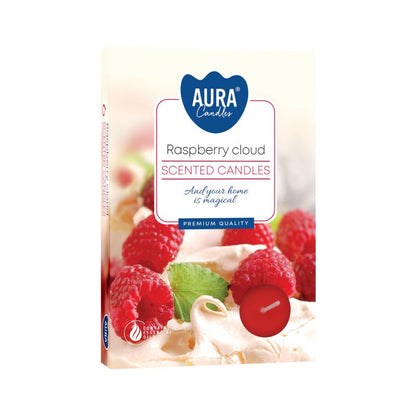 Set of 6 Raspberry Cloud Scented Tealights – Christmas Gift Home Fragrance; featuring a vibrant packaging design with raspberries and a tealight candle, perfect for enhancing your home with a delightful aroma.