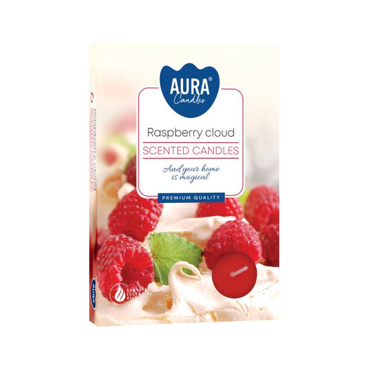 Set of 6 Raspberry Cloud Scented Tealights â€“ Christmas Gift Home Fragrance; featuring a vibrant packaging design with raspberries and a tealight candle, perfect for enhancing your home with a delightful aroma.