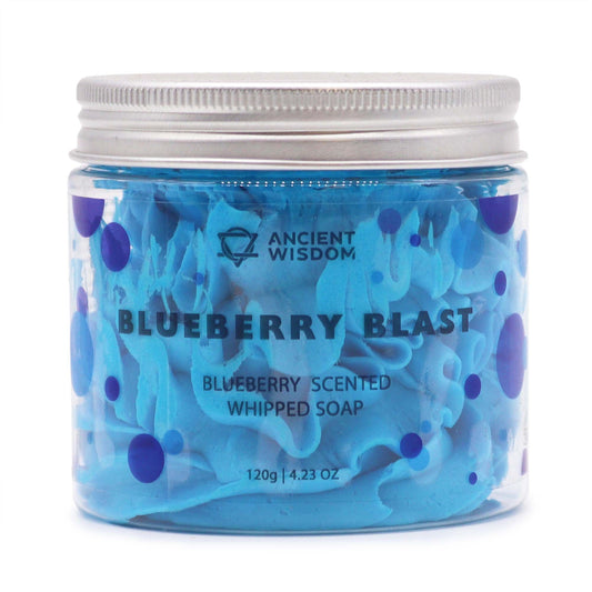 Blueberry Whipped Soap 120G in a jar, showcasing whipped blue soap swirl, perfect for a vegan-friendly skin treat and an ideal Christmas gift for home fragrance.