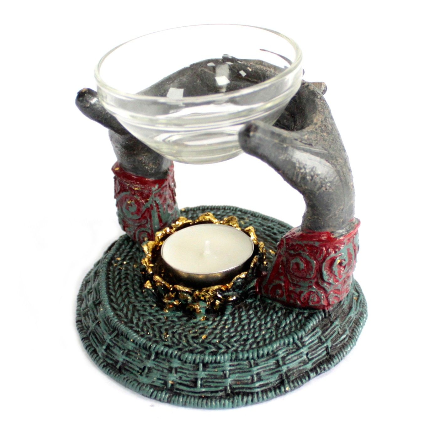 Antique Buddha Oil Burner featuring beautifully detailed hands presenting a glass bowl. This stunning piece is designed to fill your room with calming aromas, making it an excellent Christmas gift for home fragrance enthusiasts.